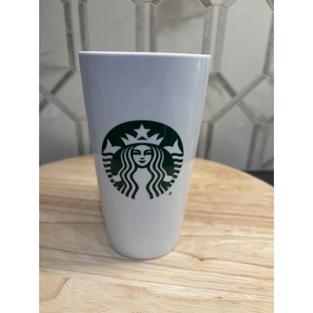 12oz Starbucks Tall Ceramic Travel Cup No Lid Coffee White/Green Tumbler Mug